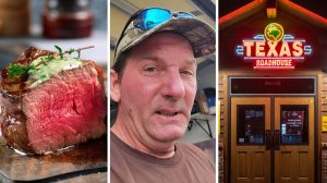 Juicy fillet mignon steak (l) man shares Texas roadhouse review (c) Texas roadhouse entrance (r)