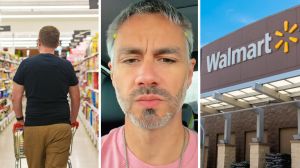 man goes grocery shopping (l) man shares walmart experience (c) walmart storefront (r)
