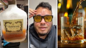 frozen alcohol (l) man shares freezer encounter (c) Hennessy in a glass (r)