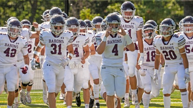 Manheim Central (Pa.) takes the field for the start of the football game against Smyrna at Abessinio Stadium in Wilmington, Friday, Sept. 1, 2023. Manheim won 37-36.