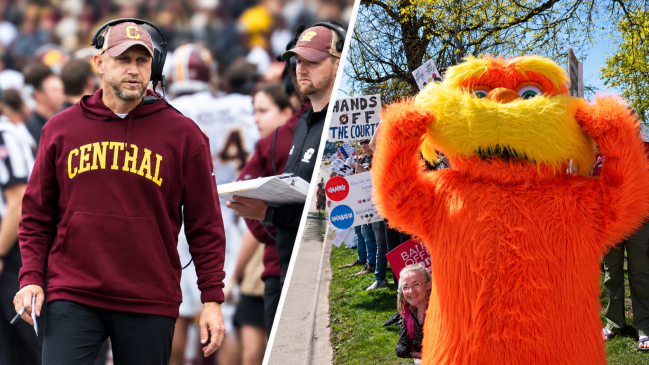 Sep 13, 2025; Ann Arbor, Michigan, USA; Central Michigan Chippewas head coach Matt Drinkall on the sideline in the first half against the Michigan Wolverines at Michigan Stadium. In a second picture, The Lorax joins hundreds of protesters in Eugene, Oregon. 