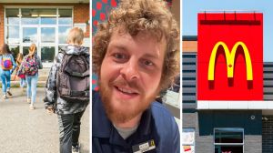 kids infront of a school (l) McDonalds worker shares fear (c) McDonalds entrance (r)
