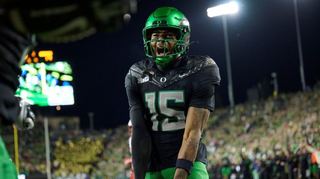 Oct 17, 2026; Eugene, Oregon, USA; Oregon Ducks wide receiver Messiah Hampton (15) celebrates a touchdown during the second half against the Nebraska Cornhuskers at Autzen Stadium.