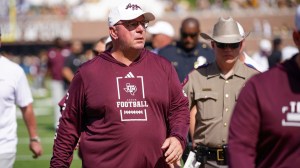 Oct 10, 2026; Columbia, Missouri, USA; Texas A&M Aggies head coach Mike Elko leaves the field after the first half against the Missouri Tigers during the first half of the game at Faurot Field at Memorial Stadium.