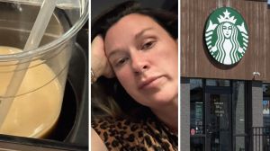 coffee cup (l) woman shares coffee issue (c) Starbucks entrance (r)