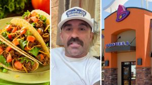 crunchy tacos (l) man shares taco bell opinion (c) Taco Bell entrance (r)