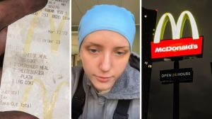 13 year old receipt (l) woman shares inflation changes (c) McDonalds entrance (r)