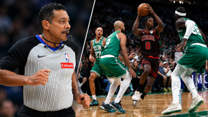 NBA referee Bill Kennedy (55) runs on the court in the first quarter of a game between the Cleveland Cavaliers and the Minnesota Timberwolves at Rocket Arena. In the second photo, Chicago Bulls forward Caleb Wilson (8) looks for an opening around Boston Celtics guard Derrick White (9) during the first quarter at TD Garden.