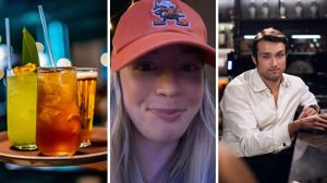 bar drinks (l) woman shares bar experience (c) flirty man at the bar (r)