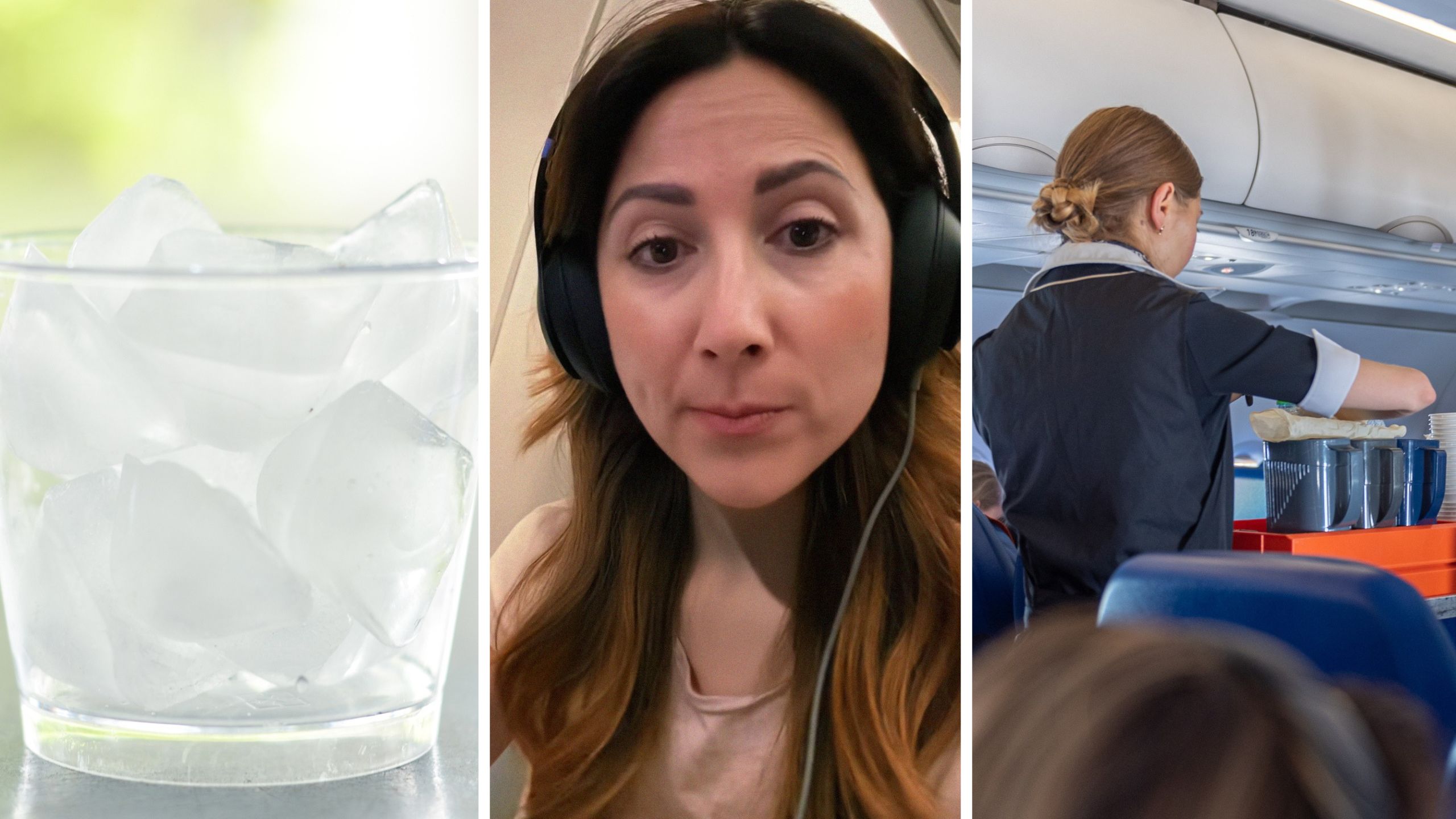 cup of ice (l) woman shares flight experience (c) flight attendant serving drinks (r)