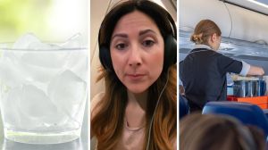 cup of ice (l) woman shares flight experience (c) flight attendant serving drinks (r)