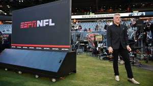 Sep 28, 2026; Chicago, Illinois, USA; ESPN broadcaster Pat McAfee looks on before the game between Philadelphia Eagles and Chicago Bears at Soldier Field.
