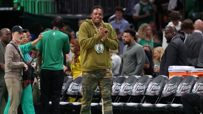 Jun 9, 2024; Boston, Massachusetts, USA; Boston Celtics former player Paul Pierce walks onto the court before game two of the 2024 NBA Finals between the Boston Celtics and the Dallas Mavericks at TD Garden.