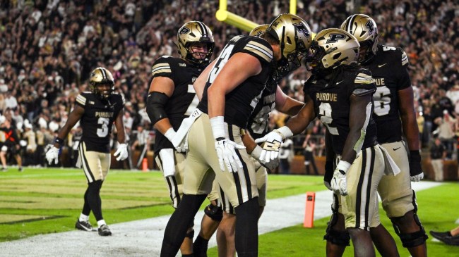 Oct 10, 2026; West Lafayette, Indiana, USA; The Purdue Boilermakers celebrate a running back Fame Ijeboi (2) touchdown during the second quarter against the Minnesota Golden Gophers at Ross-Ade Stadium.