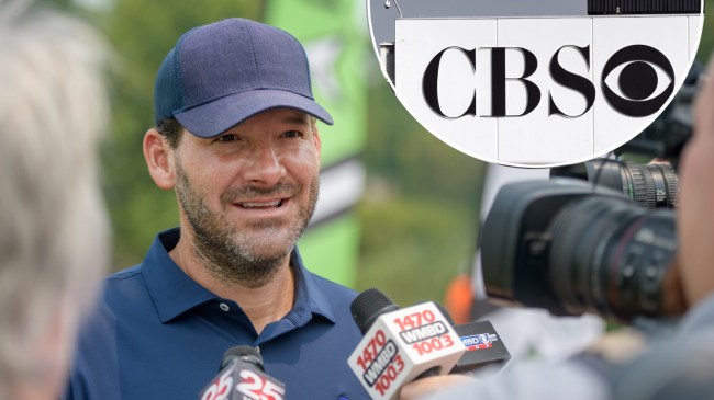 Former CBS sportscaster and former NFL quarterback Tony Romo chats with the media Tuesday, June 27, 2023 during the OSF Children's Hospital of Illinois Championship & Pro-Am at Metamora Fields Golf Club. A picture of the CBS logo has also been added to the image.