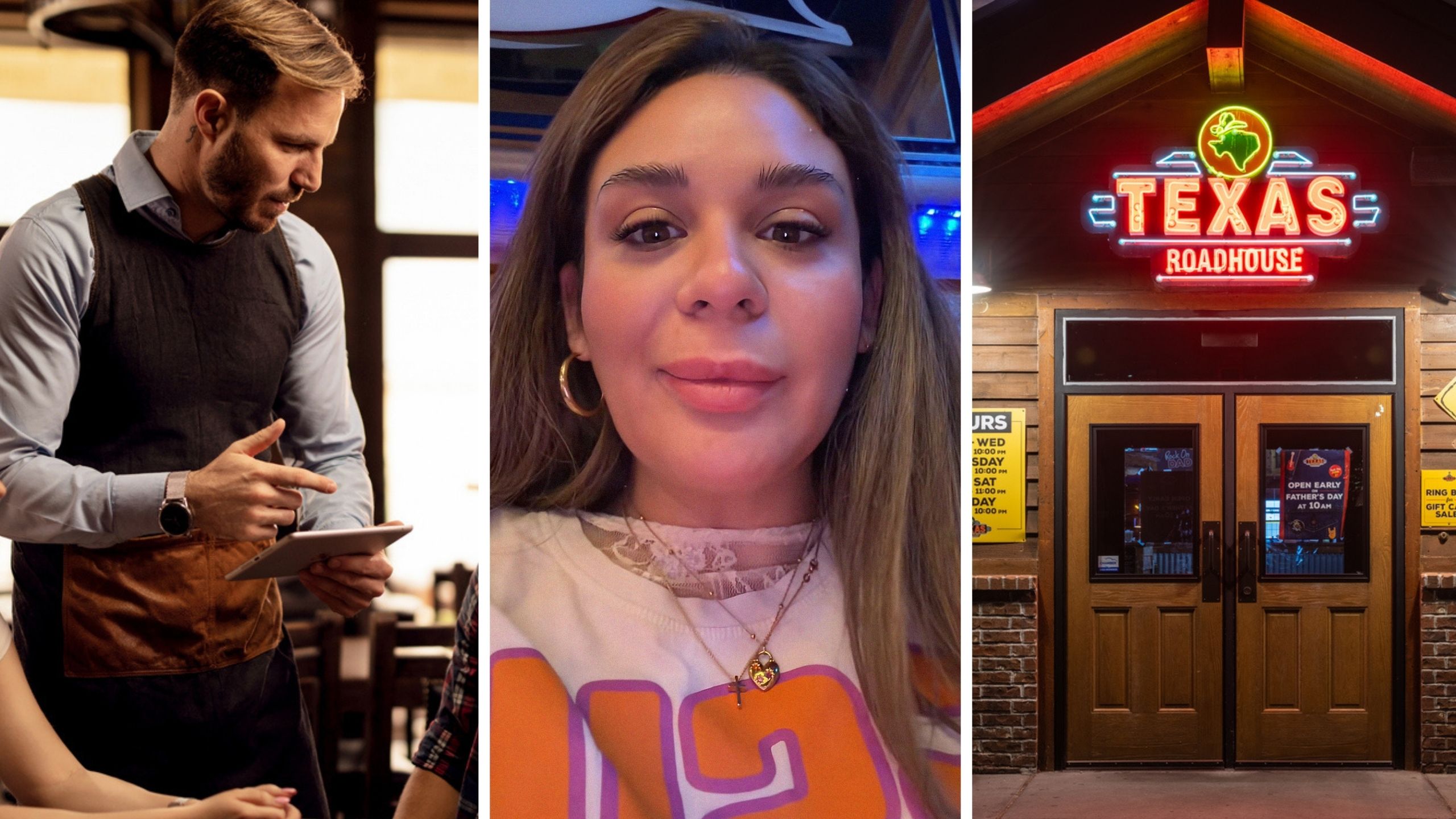 waiter taking food order (l) woman shares texas roadhouse experience (c) Texas roadhouse entrance (r)