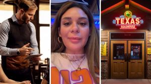 waiter taking food order (l) woman shares texas roadhouse experience (c) Texas roadhouse entrance (r)