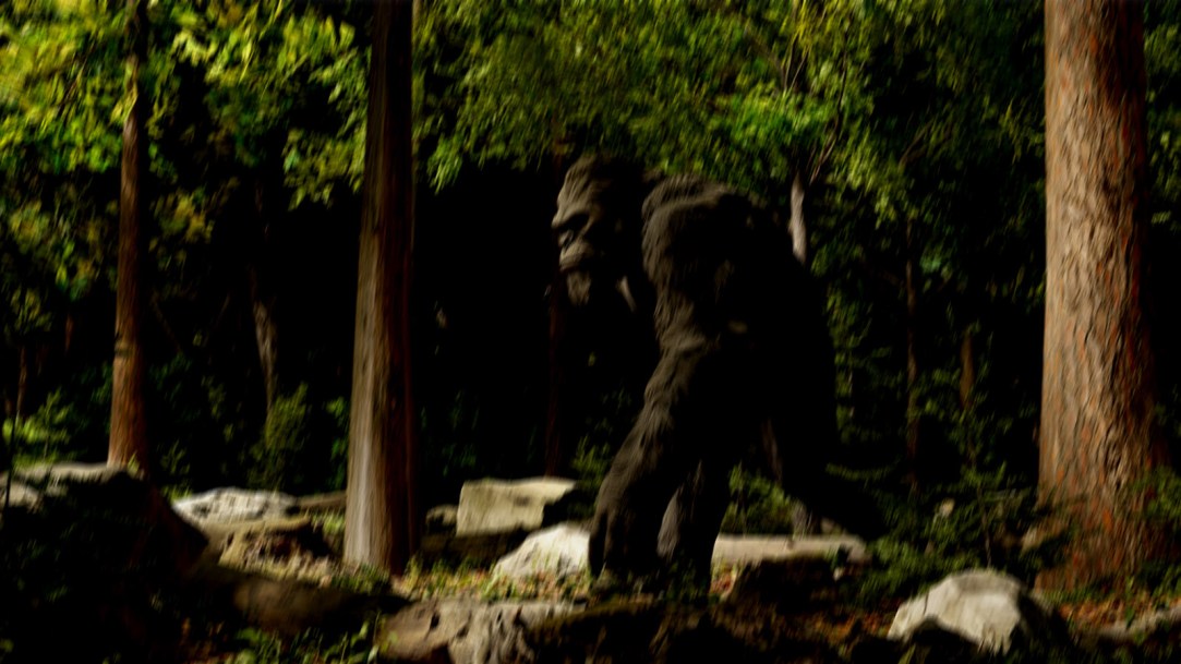 Sasquatch-Bigfoot-moves-among-tall-green-trees