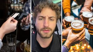 paying bar bill (l) bartender shares job experience (c) group out drinking (r)