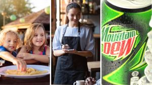 kids eating out with parents (l) waitress shares job experiences (c) Mountain Dew soda (r)