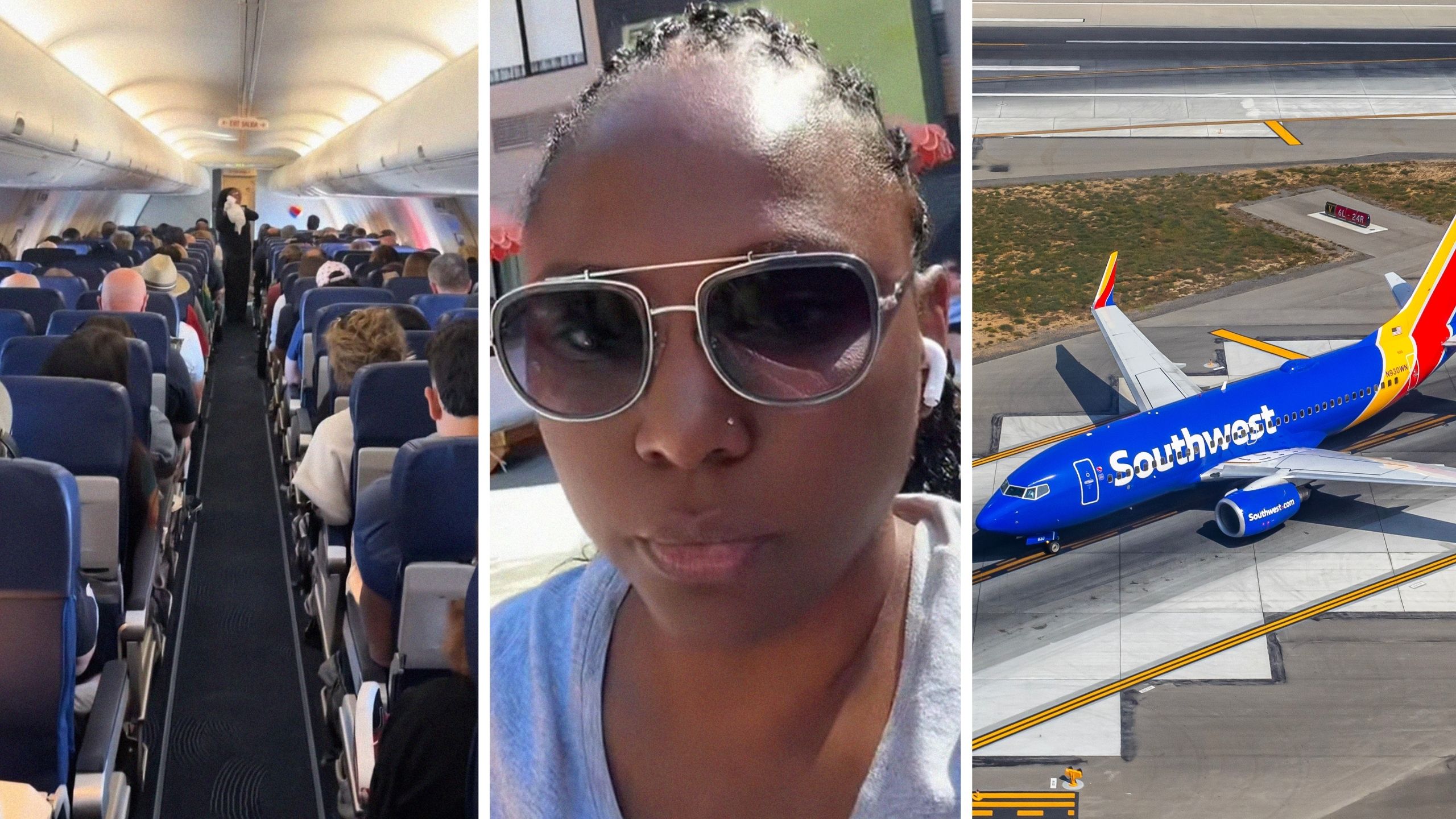 plane interior (l) woman shares new job experience (c) Southwest airlines (r)