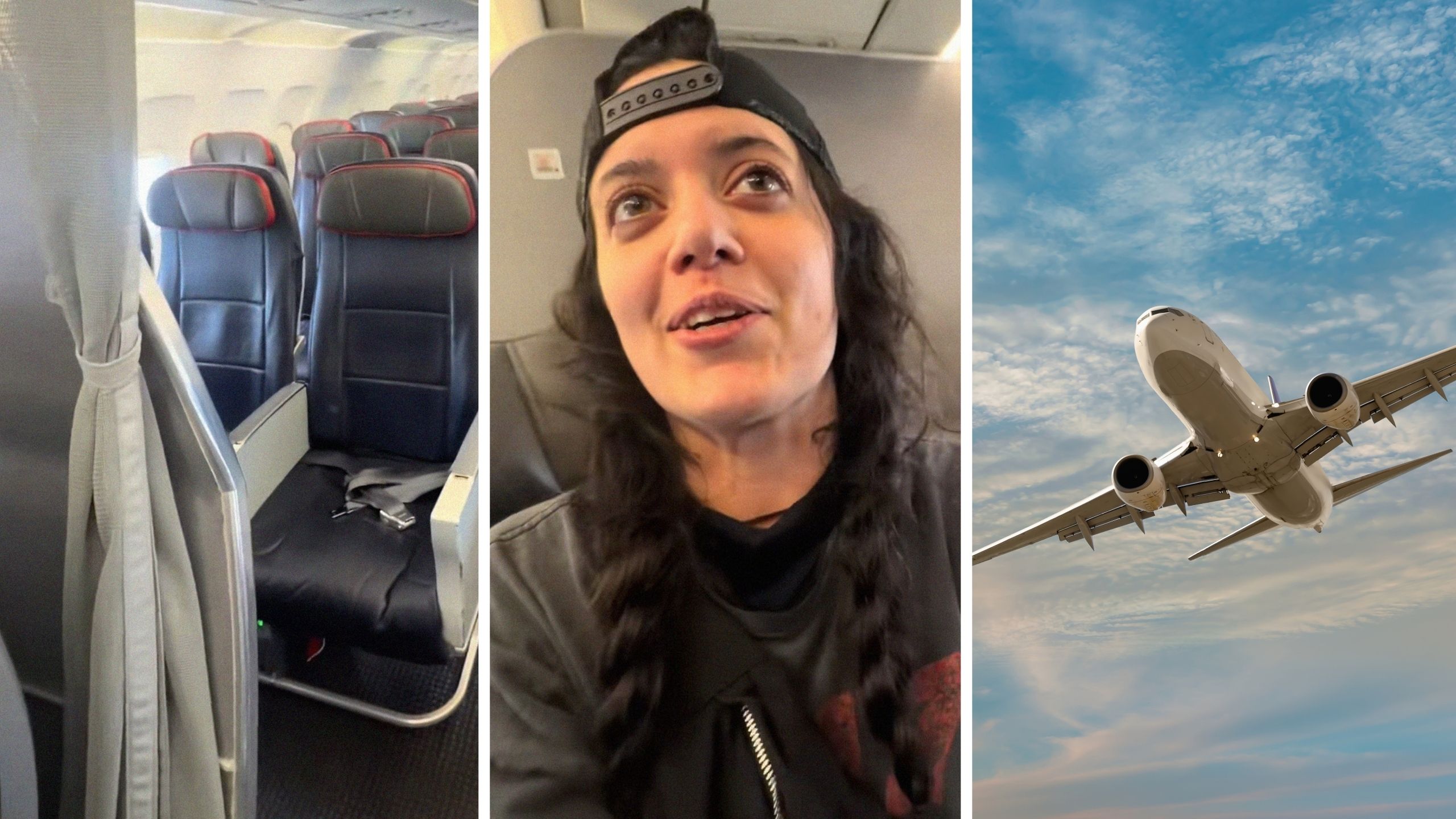 empty plane seats (l) woman shares flight experience (c) plane takes off (r)