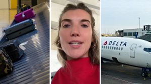 check-in bags (l) woman shares Delta experience (c) Delta airlines (r)