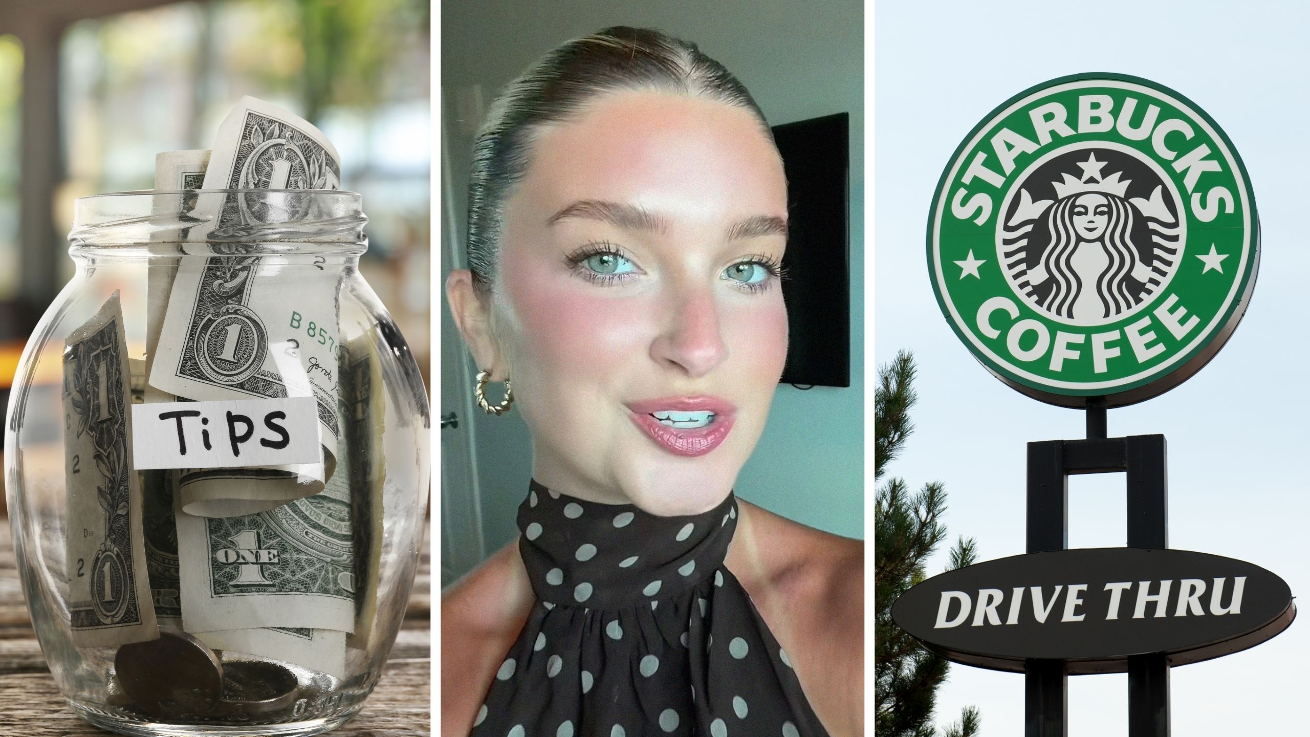 tipping jar (l) woman shares starbucks drive-thru experience (c) Starbucks drive-thru (r)