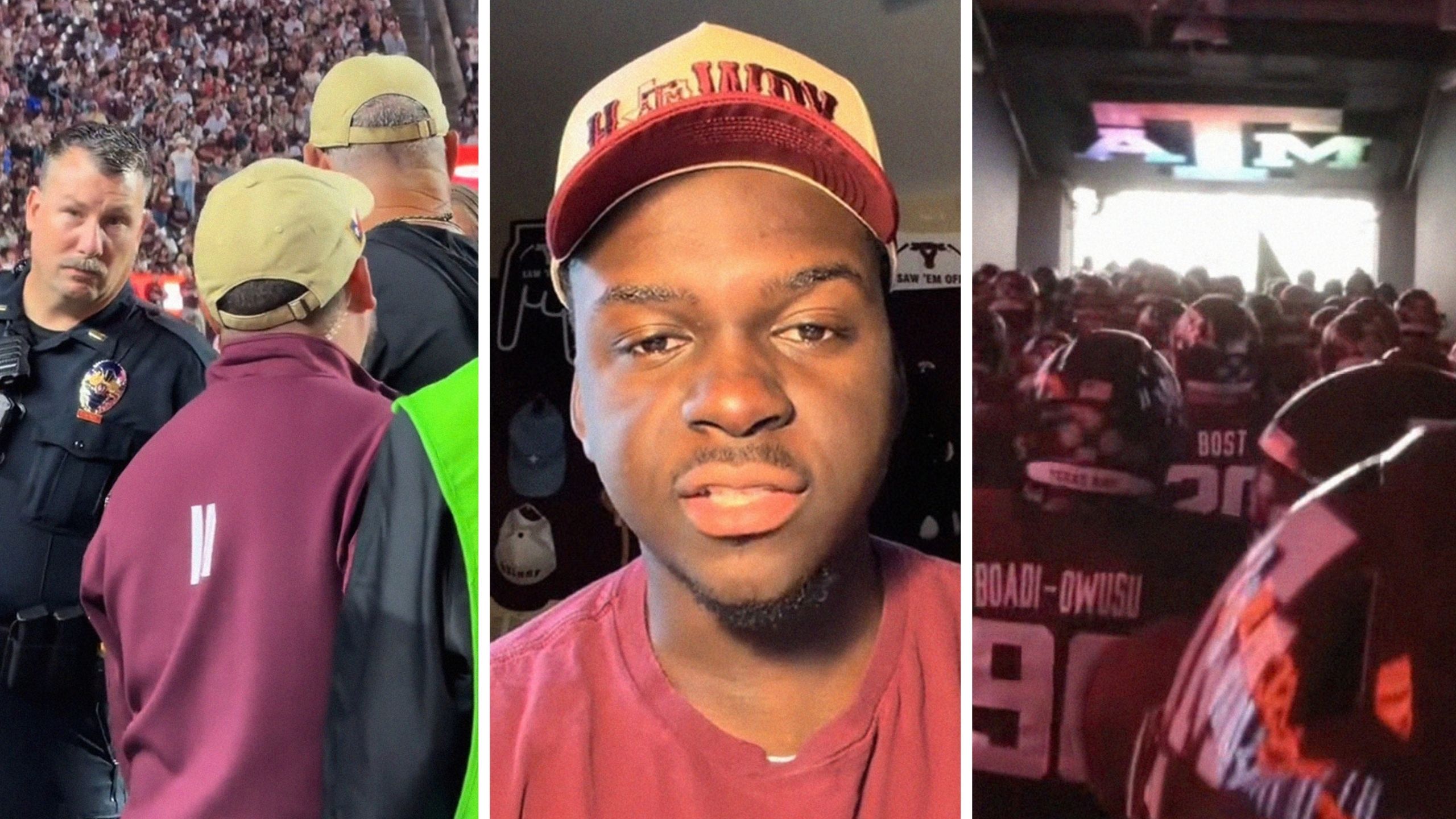 Texas A&M staff (l) man shares Texas A&M staff issue (c) Texas ATM college football (r)
