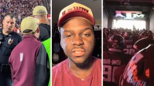 Texas A&M staff (l) man shares Texas A&M staff issue (c) Texas ATM college football (r)