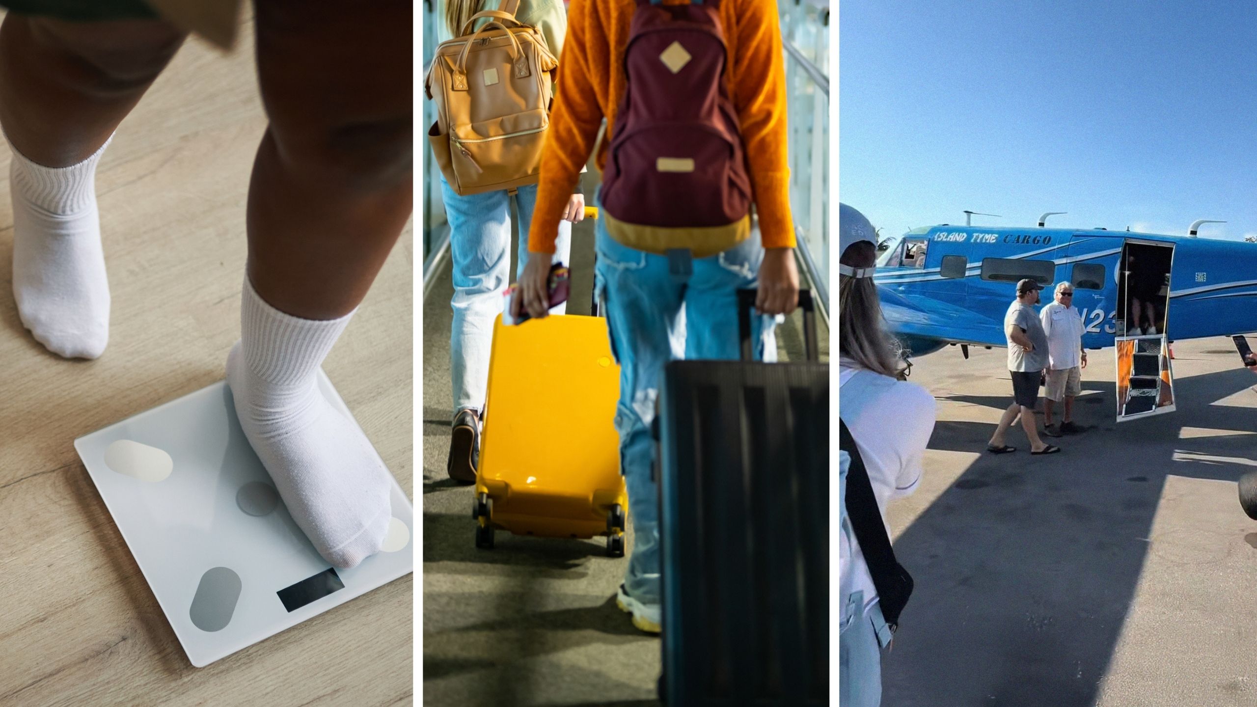 weighing scale (l) travellers ready to hop on flight (c) small plane (r)