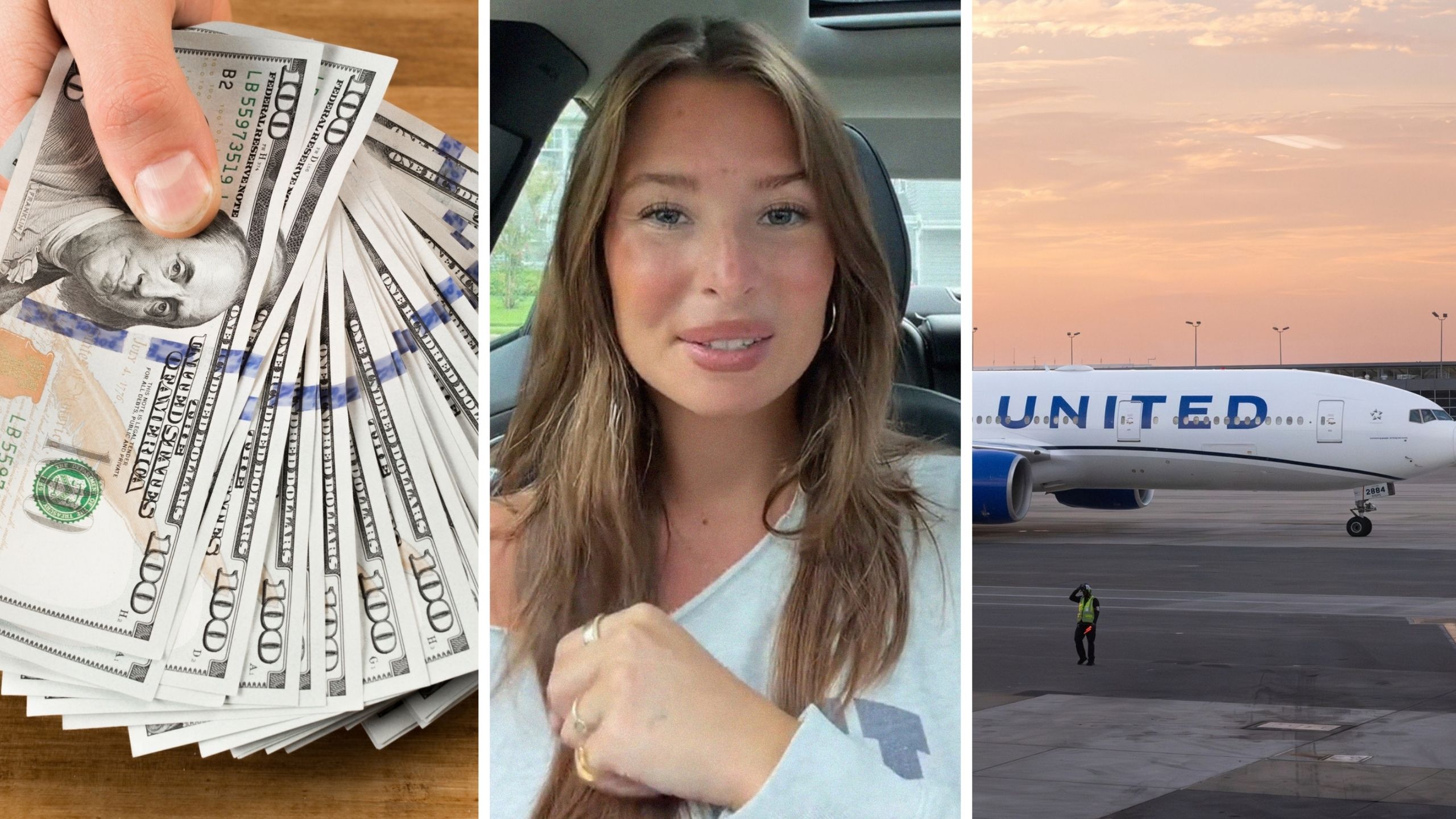 large sum of money (l) woman shares United airlines issue (c) United airlines (r)