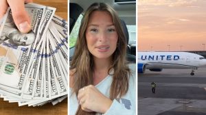 large sum of money (l) woman shares United airlines issue (c) United airlines (r)