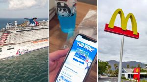 Carnival cruise (l) man plays McDonalds Monopoly (c) McDonalds entrance (r)