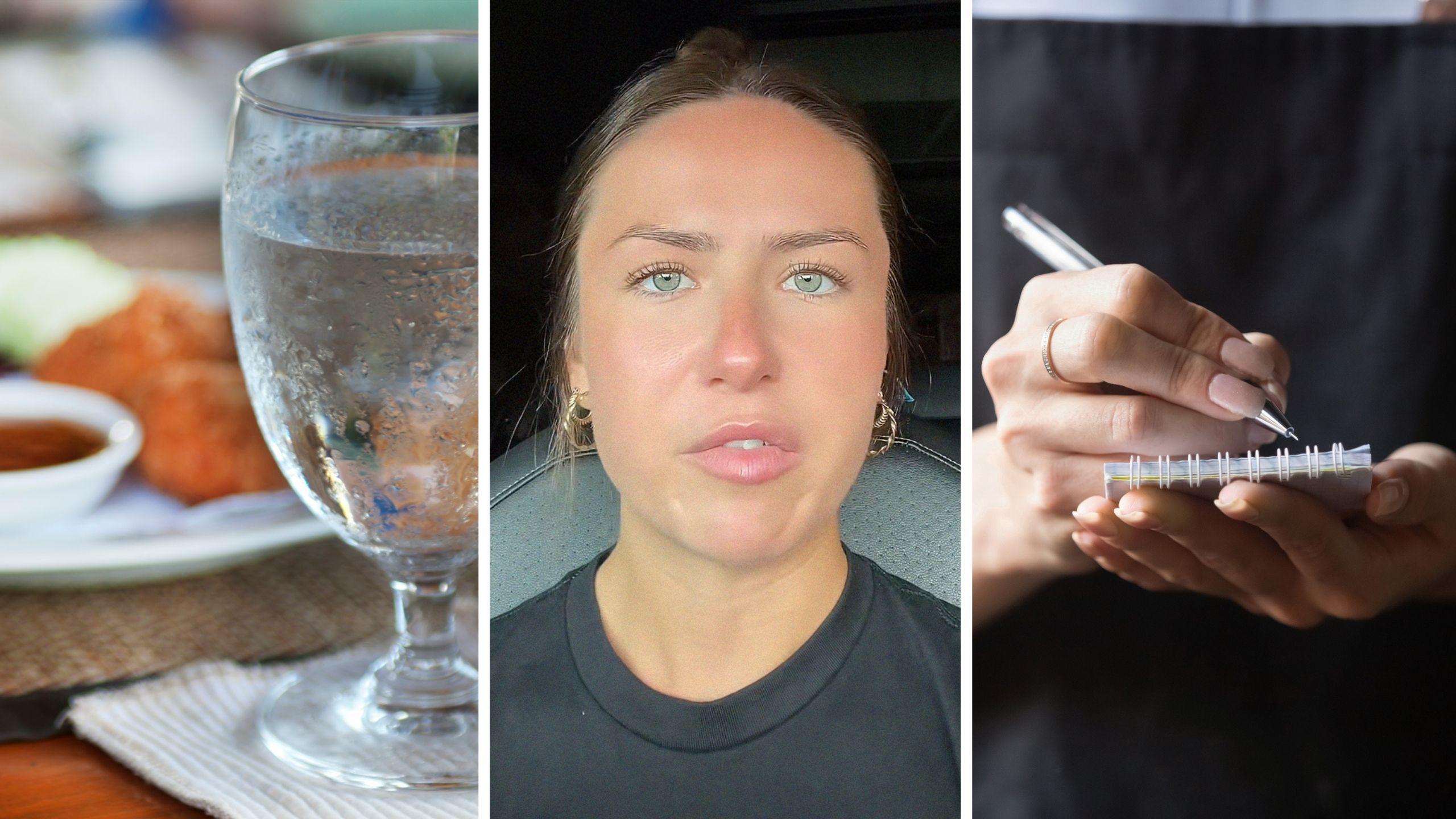 glass of water (l) woman shares job experiences (c) waitress writing down food order (r)
