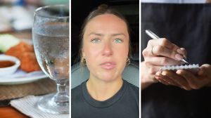 glass of water (l) woman shares job experiences (c) waitress writing down food order (r)