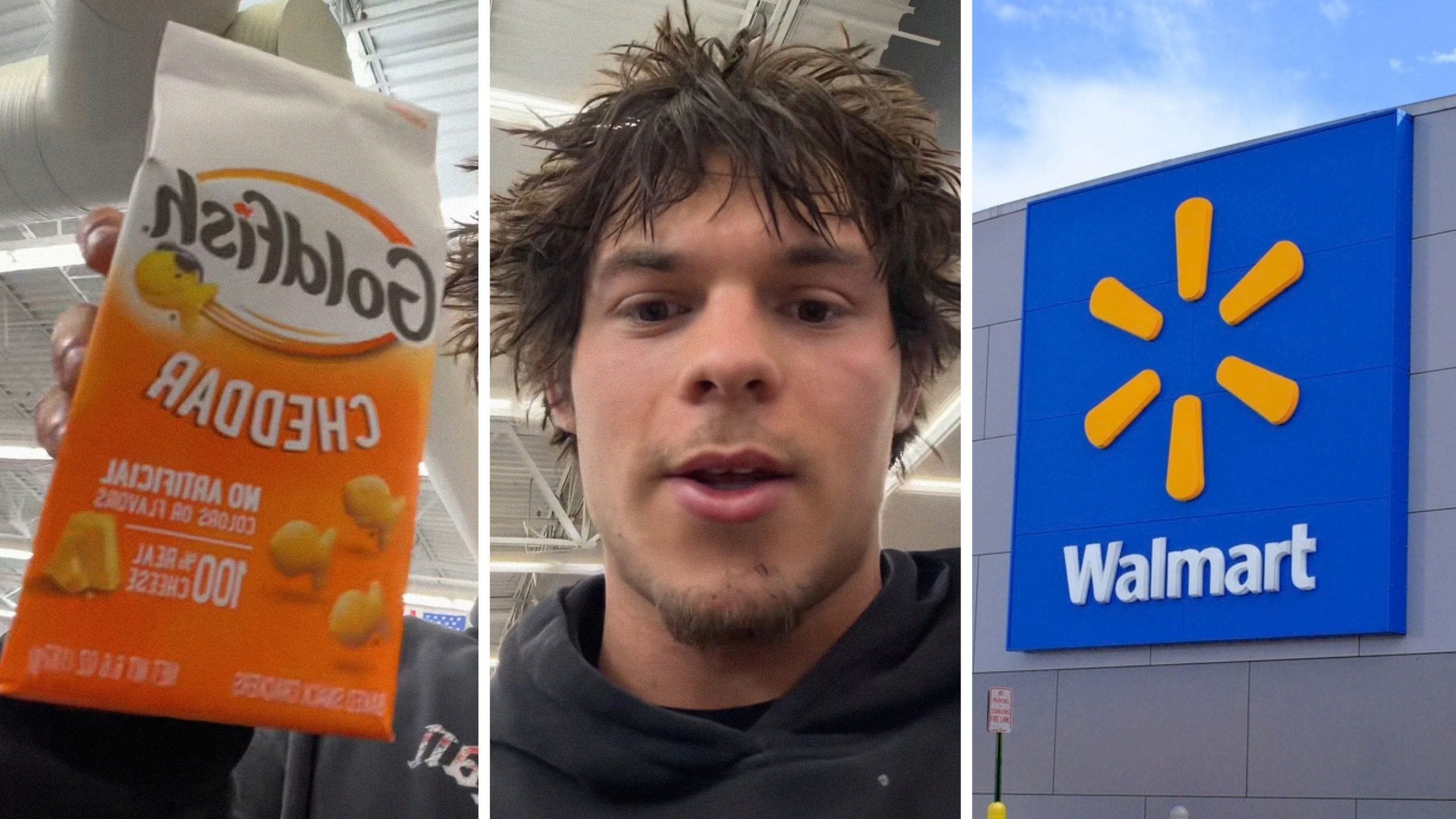 goldfish crackers (l) man shares walmart observation (c) walmart storefront (r)