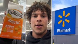 goldfish crackers (l) man shares walmart observation (c) walmart storefront (r)