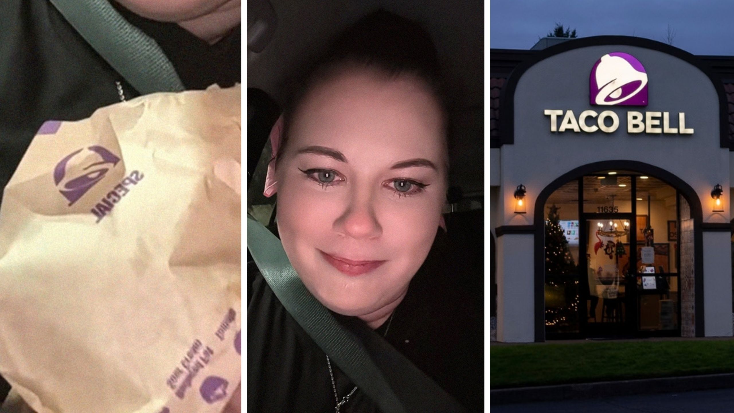 taco-bell food order (l) woman shares ghost-hunting tips (c) Taco Bell entrance (r)