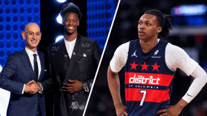 Jun 23, 2026; New York, NY, USA; AJ Dybantsa poses for photos with NBA commissioner Adam Silver after being selected first overall by the Washington Wizards during the 2026 NBA Draft at Barclays Center. Mar 22, 2026; New York, New York, USA; Washington Wizards guard Bub Carrington (7) looks on during the first half against the New York Knicks at Madison Square Garden.
