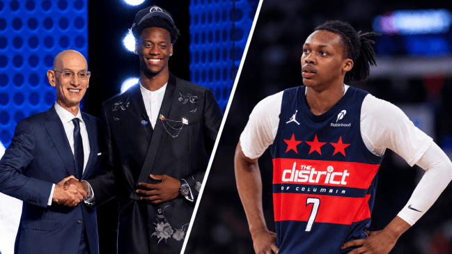 Jun 23, 2026; New York, NY, USA; AJ Dybantsa poses for photos with NBA commissioner Adam Silver after being selected first overall by the Washington Wizards during the 2026 NBA Draft at Barclays Center. Mar 22, 2026; New York, New York, USA; Washington Wizards guard Bub Carrington (7) looks on during the first half against the New York Knicks at Madison Square Garden.