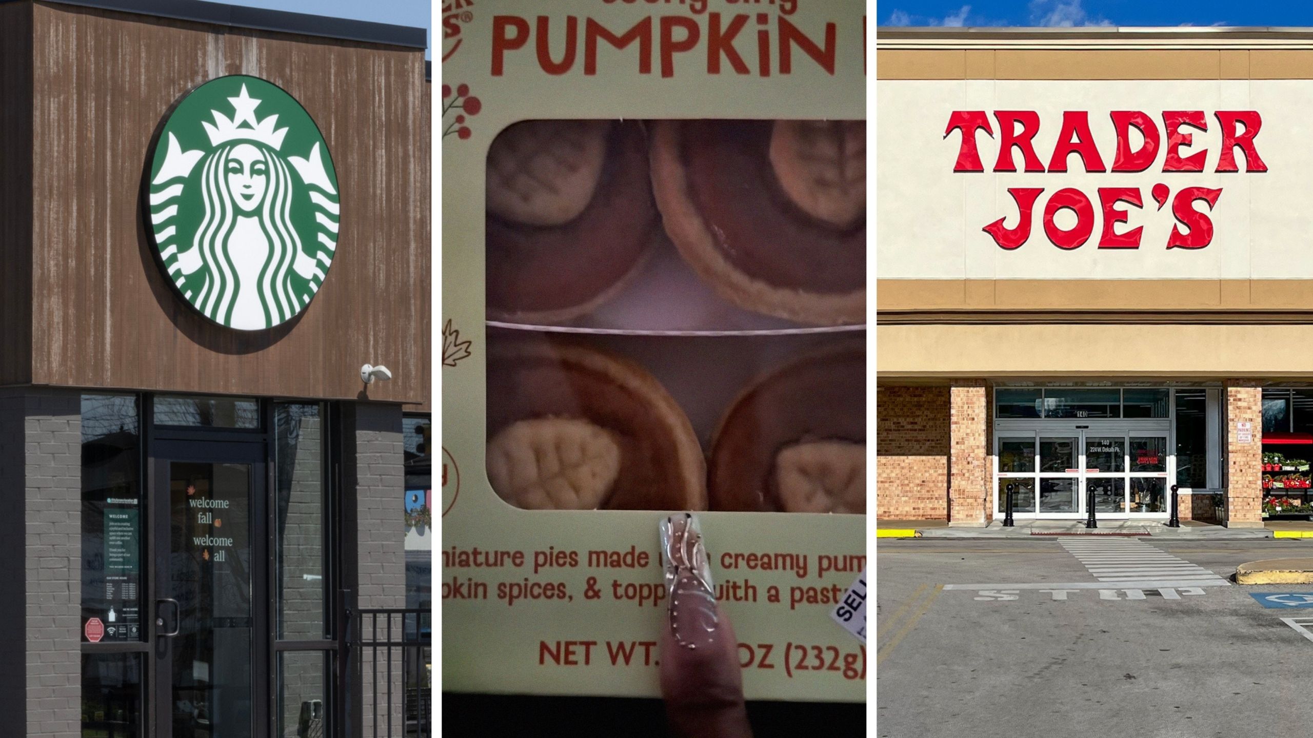 Pumpkin Pie (l) woman shares pumpkin pie purchase (c) Starbucks entrance (r)