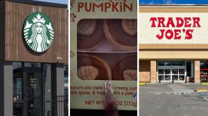Pumpkin Pie (l) woman shares pumpkin pie purchase (c) Starbucks entrance (r)