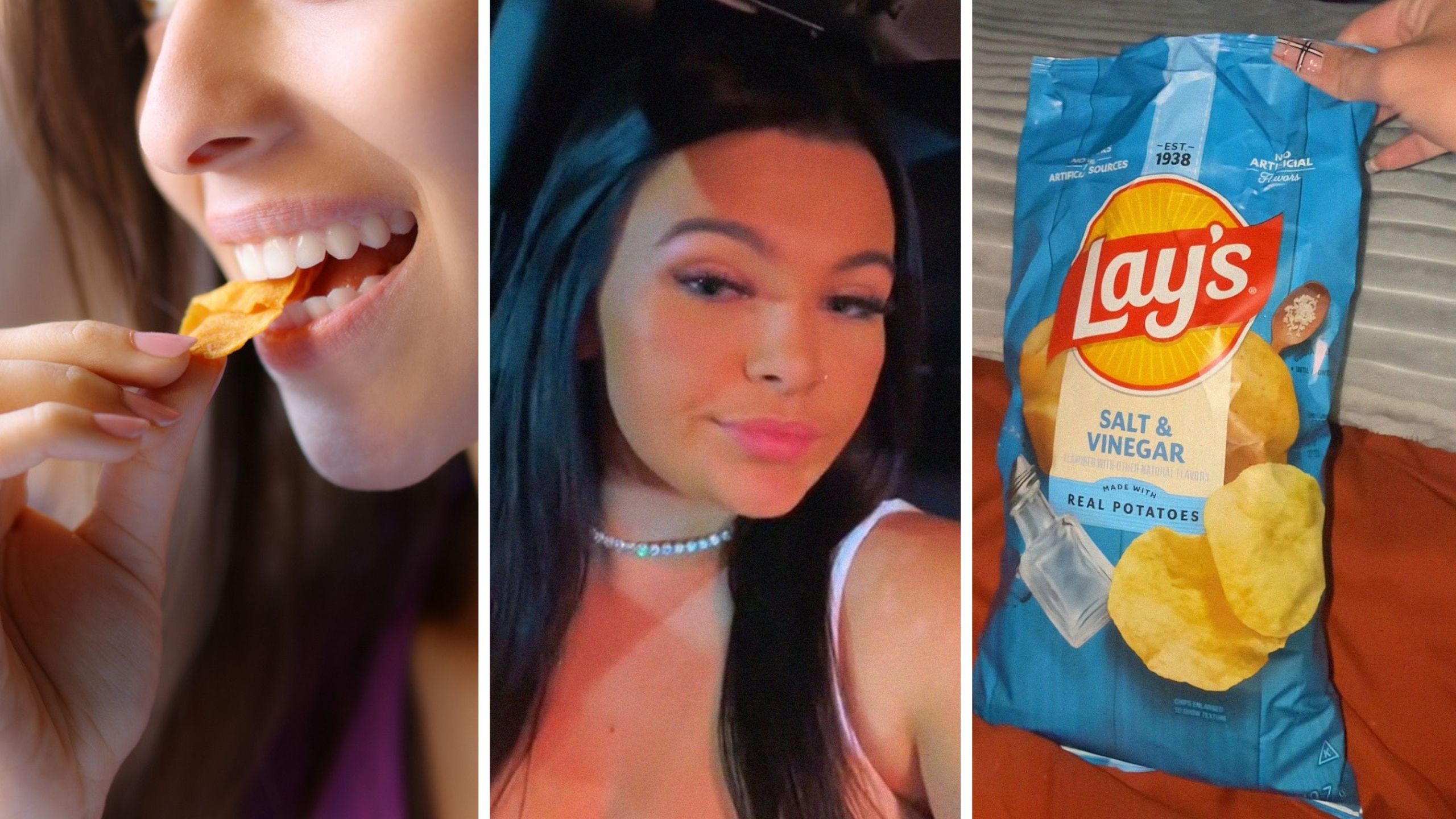 woman eating potato chips (l) woman shares chips purchase issue (c) Salt & Vinegar Lay's Chips (r)