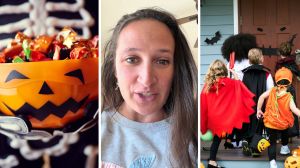 bowl of halloween candy (l) woman shares candy observation (c) kids trick or treating (r)