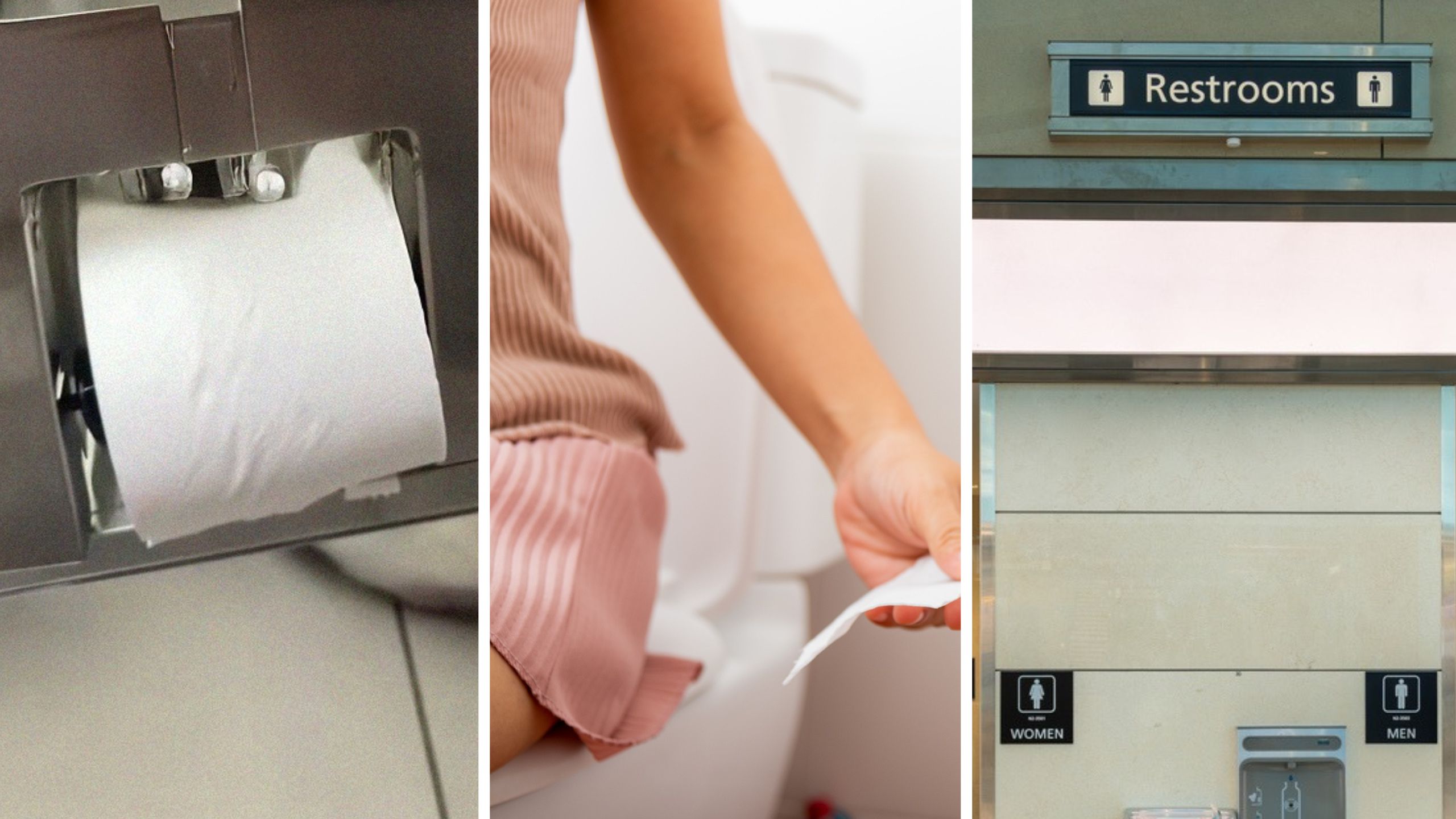 toilet paper roll (l) woman shares airport bathroom issue (c) bathroom sign (r)