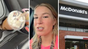 Iced mocha drink (l) woman shares McDonalds experience (c) McDonalds entrance (r)