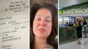 food order (l) woman shares shake shack issue (c) Shake Shack fast food (r)