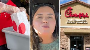 chick-fil-A to go (l) woman shares Chick-Fil-A warning (c) Chick-Fil-A entrance (r)