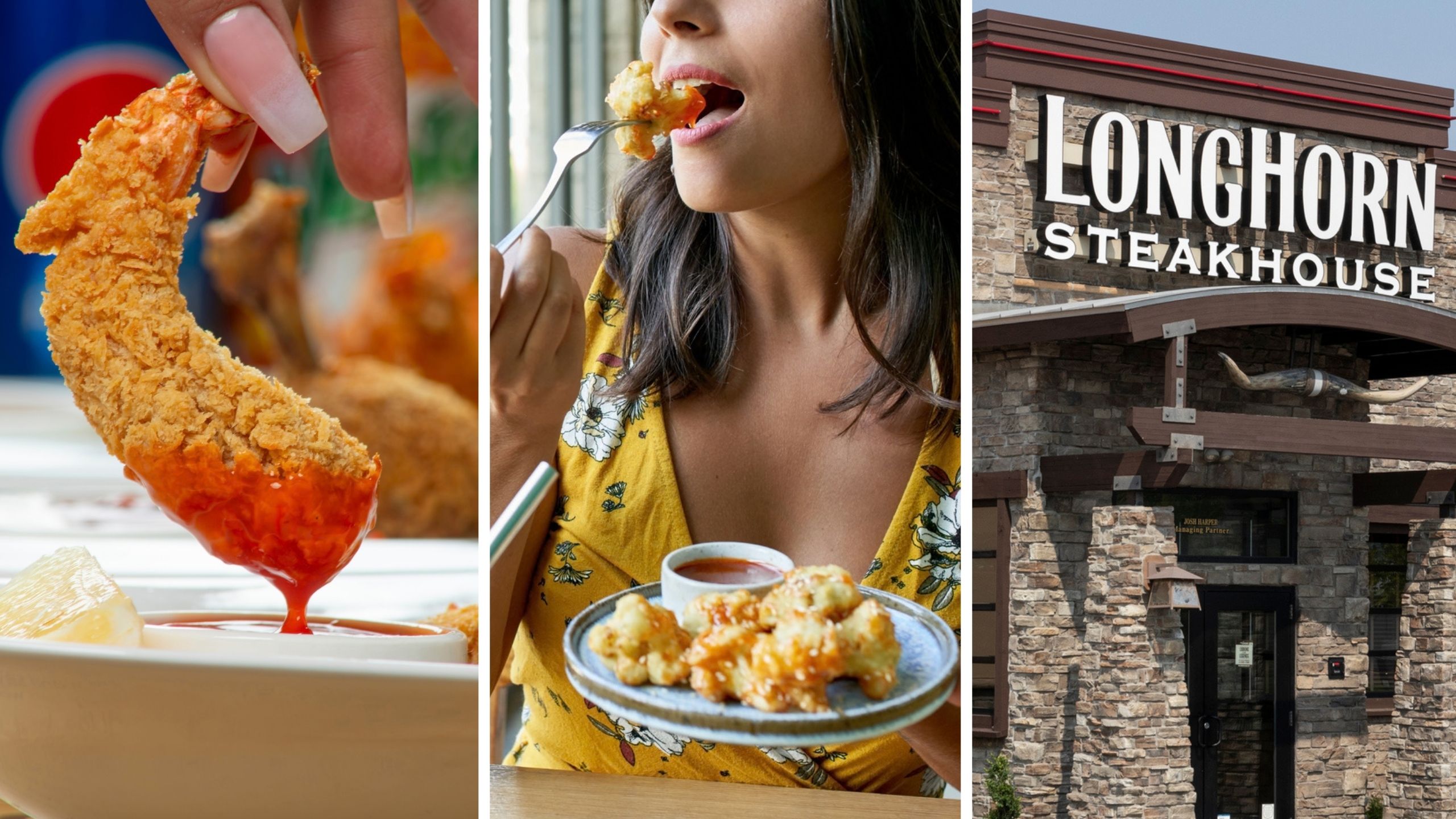 crispy shrimp (l) woman eating at restaurant (c) Longhorn steakhouse entrance (r)